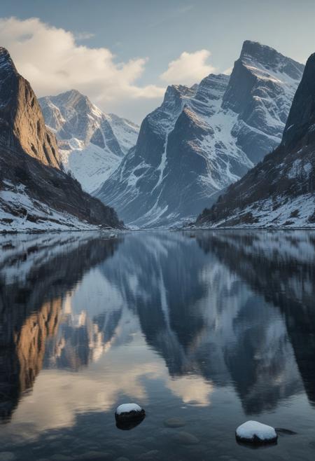 masterpiece, photorealistic, scandinavia, fjords, water, snow, mountains,  serene, peaceful, uninhabited