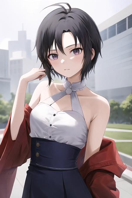 absurdres, kikuchi makoto, 1girl, solo, short hair, black hair, antenna hair,