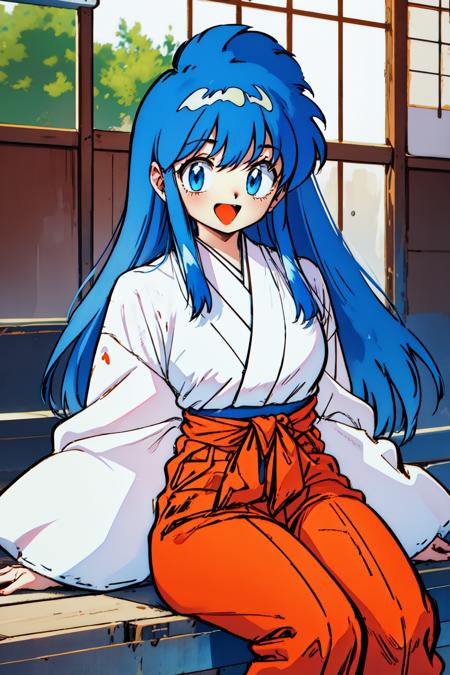 retro artstyle, okinu-chan, blue eyes,  blue hair, sidelocks,  long hair, very long hair, low-tied long hair,  japanese clothes, (white kimono:1.1), long sleeves, (red hakama:1.1), (red hakama skirt:1.1), tabi, 