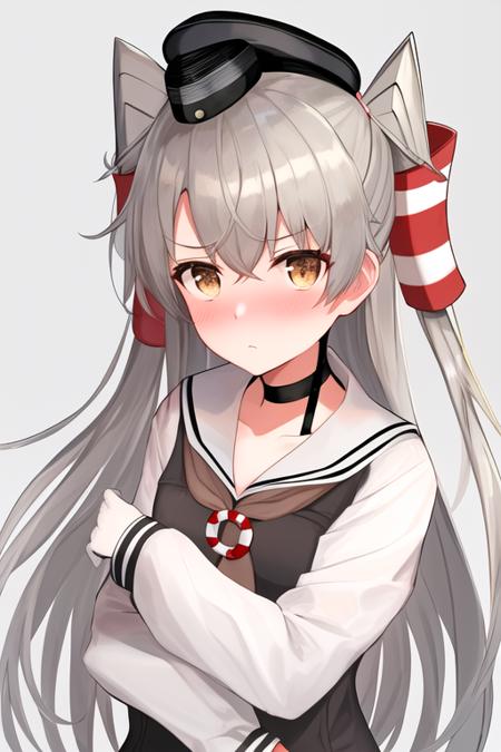 masterpiece, best quality, highres, solo, {amatsukaze_kantaicollection:1.10}, long_hair, two_side_up, brown_eyes, hair_tubes, grey_hair, blush, garter_straps, white_hair, 1girl, dress, mini_hat, sailor_collar, sailor_dress, brown_dress, hat, looking_at_viewer, upper_body, smokestack_hair_ornament, simple_background, choker, white_sailor_collar, lifebuoy, grey_neckerchief, hair_between_eyes, lifebuoy_ornament, white_background