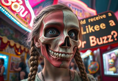 “A whimsical and surreal portrait of a girl with a distorted, comical face, featuring one eye larger than the other, vibrant face paint, and two playful braids in her hair. Half of her face is a real, bones skull, with detailed, decayed bone structure, exposing cracked and aged bones, and the skull appears lifelike yet worn with time. The other half is covered in exaggerated, colorful face paint. The skull gives off a gritty, almost macabre vibe, blending with the lively and hype atmosphere of the carnival. Captured using a 12mm fisheye cinematic prime lens for an exaggerated perspective. The setting is a lively carnival with neon lights, whimsical decorations, and a dreamy yet unsettling atmosphere. A rotten, old light banner in the background displays the text: ‘Could I receive a Like or Buzz?’ in flickering, uneven letters. The colors and contrasts are enhanced for a surreal effect, combining playful and eerie styles, with a mix of humor and dark visual artistry.”