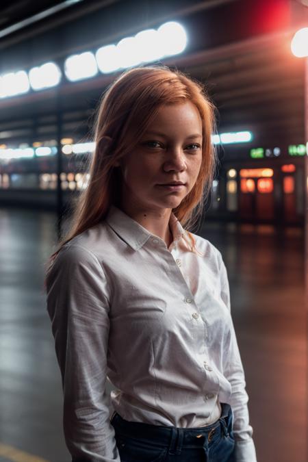 closeup of aylsst wearing a shirt, a train platform at night, red hair, <lora:AyLsst_v2_locon_64_64:1>