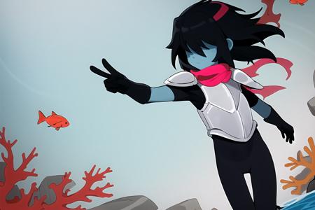 masterpiece, best quality, highres, 1other, hair over eyes, colored skin, solo, blue skin, androgynous, black bodysuit, bodysuit, black hair, gloves,red scarf,  <lora:KrisDeltarune:0.9>, (armor), 1girl, underwater, coral, :c, outdoors, perfect hands, hand out of frame, swimming,