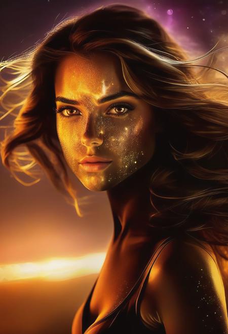 8K. (High quality:1.05), (masterpiece:1.07), (High details and aesthetics face:1.07), "I look at you sensually, showing my powers" A determined realistic adult girl with determined and sensual look, canthal tilt eyes, brown eyes, (thick wavy brown hair flowing until waist in wind:1.07), sensual standing pose, film_theme (she's in a sci-fi galaxy environment, outdoors)