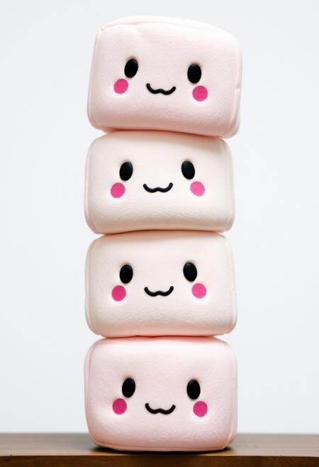 The soft marshmallow-like objects are stacked vertically, each with a cute face on the front, the bottom ones slightly crushed by the weight.