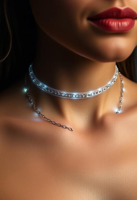 subdermal LED chain necklace, (internal LED glow:1.6), (embedded LEDs:1.6) forming a minimalist chain pattern beneath the skin, soft light flowing from beneath the collarbone, (classic chain design:1.5), high-definition, subtle and refined light accents, ultra-realistic skin textures, (natural skin tone with light diffusion:1.5), seamless integration of light and skin, timeless elegance, perfect for both formal and casual settings, (worn jewelry:-1.8), (visible necklace:-1.8), (clunky design:-1.5), smooth, radiant light transitions, modern and sophisticated tech-enhanced beauty