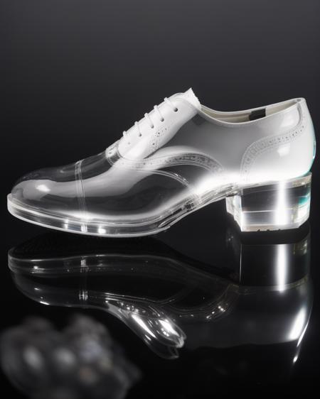 epic shot of a oxford brogue formal shoe made of white  ((transparent) glass) <lora:glasssculpture_v8:1>  transparent glass, studio lighting, cinematic  [[glass [slipper]]]