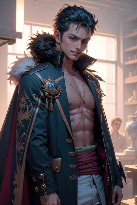 <lora:wrenchftmfshn:1>, wrenchftmfshn, fantasy clothing, jewelry, light smile, <lora:onepiece_zoro:1>, roronoa zoro, muscular male, scar, scar across eye, japanese clothes, jacket, fur trim, fur collar, cape, hair ornament,