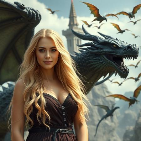 a beautifull woman is satanding in front of a dragon , the dragon is black and green, super focus on female, many baby dragons are flying in the backround, superrealistic, the woman has blond long hair, behind the woman there is a tower,