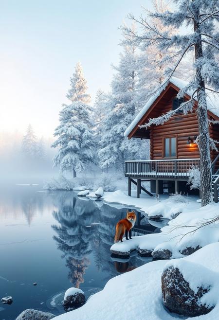 Frozen lake's glassy surface mirrors the frosty trees' delicate rime ice, their branches sparkling like diamonds in soft morning light. Snow-encrusted pines stretch towards the pale blue sky, their limbs etched in crystalline clarity. The wooden cabin's windows warm against the cold, while mist rising from the lake creates an otherworldly haze. A single red fox stands at the edge of the ice, its fur a vivid contrast to the frosty surroundings. Snow-crystals glisten like microscopic jewels on tree branches and surrounding rocks. Hyper-realistic lighting captures the serene atmosphere, inviting exploration of this peaceful winter wonderland.