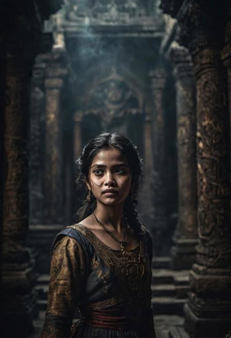 award wining masterpiece photograph converying a sense of dread, full shot of a girl with a sinister smile, searching in frenzy for something, wandering actively in a dark smoky antique evil temple, detailed face, intricately detailed, dim light, exquisite backlighting, refined editorial photography, dramatic LUT