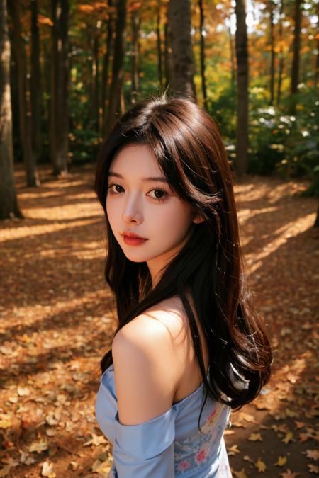 1girl,very long hair,print_cheongsam,rim light,absurdres,(autumn maple forest:1.3),very few fallen leaves,(path),botanical garden,portrait,off shoulder,