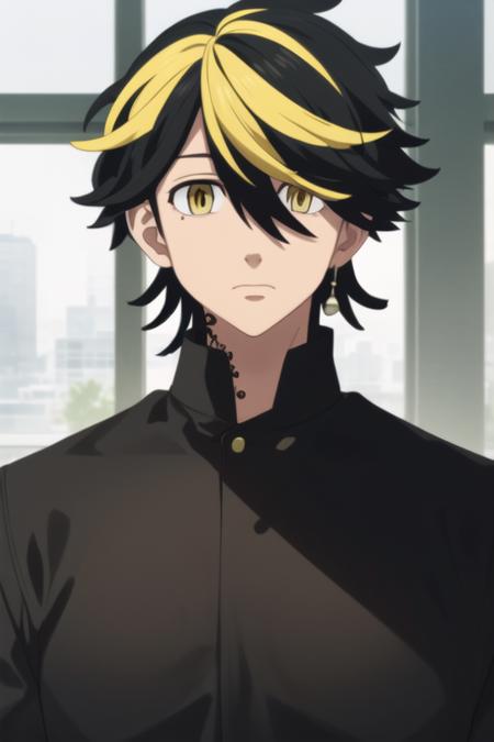 masterpiece, best quality, high quality, 1boy, solo, male focus, looking at viewer, upper body, <lora:hanemiya_kazutora:0.70>, hanemiya_kazutora, blonde hair, black hair, yellow eyes, multicolored hair, <lora:animemix_v3_offset:0.25>