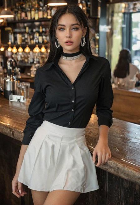 expressive eyes, (black collar shirt, open button, navel:1.5), (White long skirt:1.5),  Sitting on bar, diamond earring, pendant, (talking:1.5), full body,
 1 girl, 20 yo, solo focus, skinny, soft lips, (light eyebrow:1.4),black hair, small breasts, floating hair, in bar, (nose blush), full body