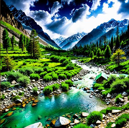 a majestic view of the northern areas of Pakistan, lush green valleys, snow-tipped mountains, river flowing through rocky terrain, cloudy sky with golden sunlight rays breaking through, occasional rain showers, misty atmosphere, cool breeze, pine and deodar trees, a trekking path winding through the valley, a lone wooden cabin nestled in the mountains, ultra realistic, DSLR photo, sharp focus, cinematic lighting, cool color tones, 8k detail