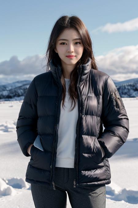 masterpiece, best quality, ultra-detailed, ultra high res, (photorealistic:1.4), raw photo, (realistic:0.2), CG, 8k HDR, perfect lighting, 1girl, solo, looking at viewer, (winter clothes, padded jacket), outdoor, (snow, snowflakes), night, scattered cloud, aurora sky, upper body, lower body, asymmetrical short hair, (detailed oily skin, medium breasts:0.8), (detailed face), (detailed background :1.1), hands in pocket, cold weather,