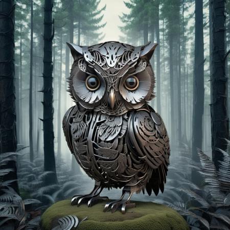 Intricate details, a realistic owl made of iron with iron feathers on a forest background made of iron, wearing an anime cat shaped cap made of iron