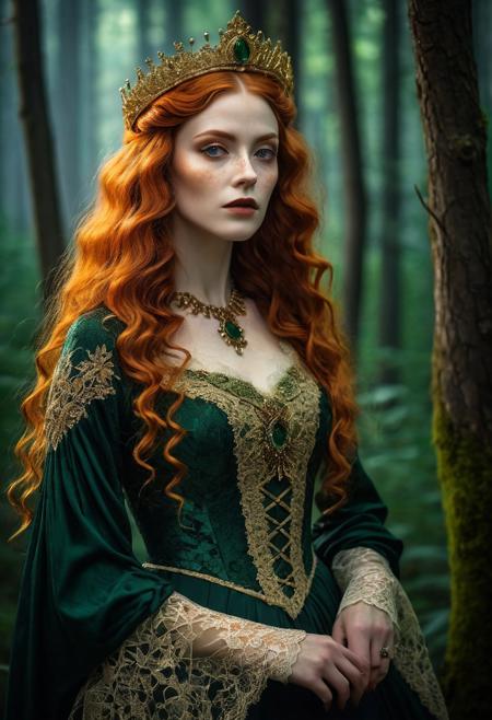 A captivating, cinematic photo of elegant beautiful woman age 42 with long curly orange hair and freckles  transformed into a dark fantasy vampire goth queen. She is dressed in an exquisite, dark green and gold Victorian dress adorned with intricate lace and gold thread patterns. Her long orange hair flows elegantly, and her eyes are a striking shade of green. Matching green slippers and headband enhances her look. The background is filled with a mystical, moonlit forest, creating an atmosphere of supernatural enchantment., dark fantasy, photo, cinematic