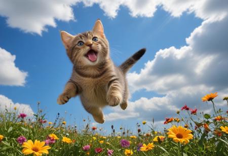 Highly detailed photograph of a tabby kitten leaping through the air above a field of colorful flowers. Side view. Floppy ears, floppy tongue, big eyes, very cute, very happy, joyful. Blue sky with fluffy clouds. Bright sun, (god rays).