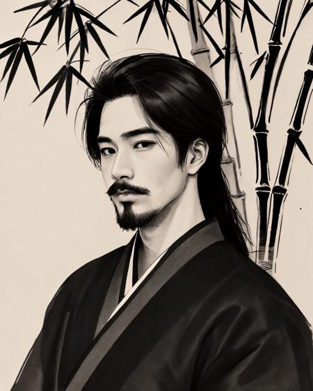 <lora:zyd232_InkStyle_v1_0:0.5> zydink, monochrome, ink sketch, 1boy, (asian man), facial hair, upper body, black long hair, black eyes, hanfu, bamboo background