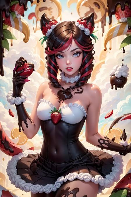 sugar rush evelynn, 1girl, strapless dress, gloves, chocolate on body, strawberry hair ornament, multicolored hair