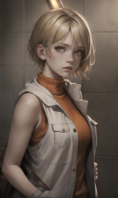 masterpiece, high-detailed:1.2, heathersh3, heather mason, silent hill 3, young adult, 1girl, holding flashlight, short blond hair, (white vest with pockets and orange sweater under it), freckles:0.3 , portrait, character, brown eyes, bare shoulders, , old tiles with blood background, grunge,<lora:HeatherMasonSH3:0.90>