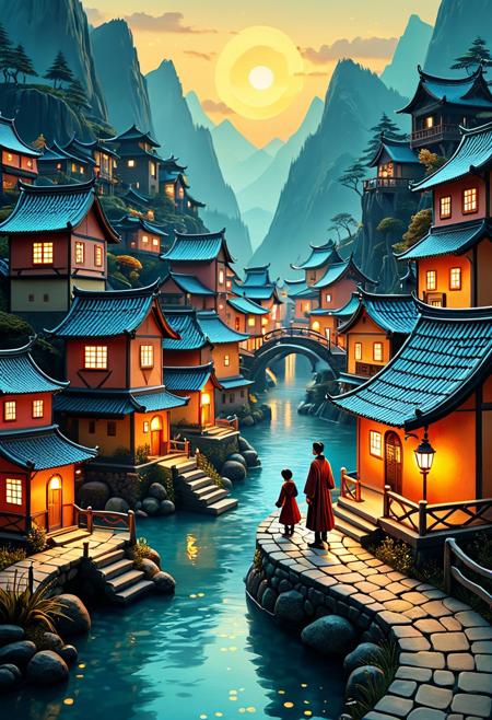 expressive figurative realism, stylized elongated figures, flowing delicate lines, soft painterly textures, muted rich color palette, poetic storytelling, Nihonga-inspired, folk-art aesthetic, dreamlike atmosphere, glowing miniature village, emotional depth, asymmetrical balance, warm lighting, fantasy realism, childhood wonder, contemplative mood, magical realism, visual storytelling, fusion of Eastern and Western art styles, fairy tale essence