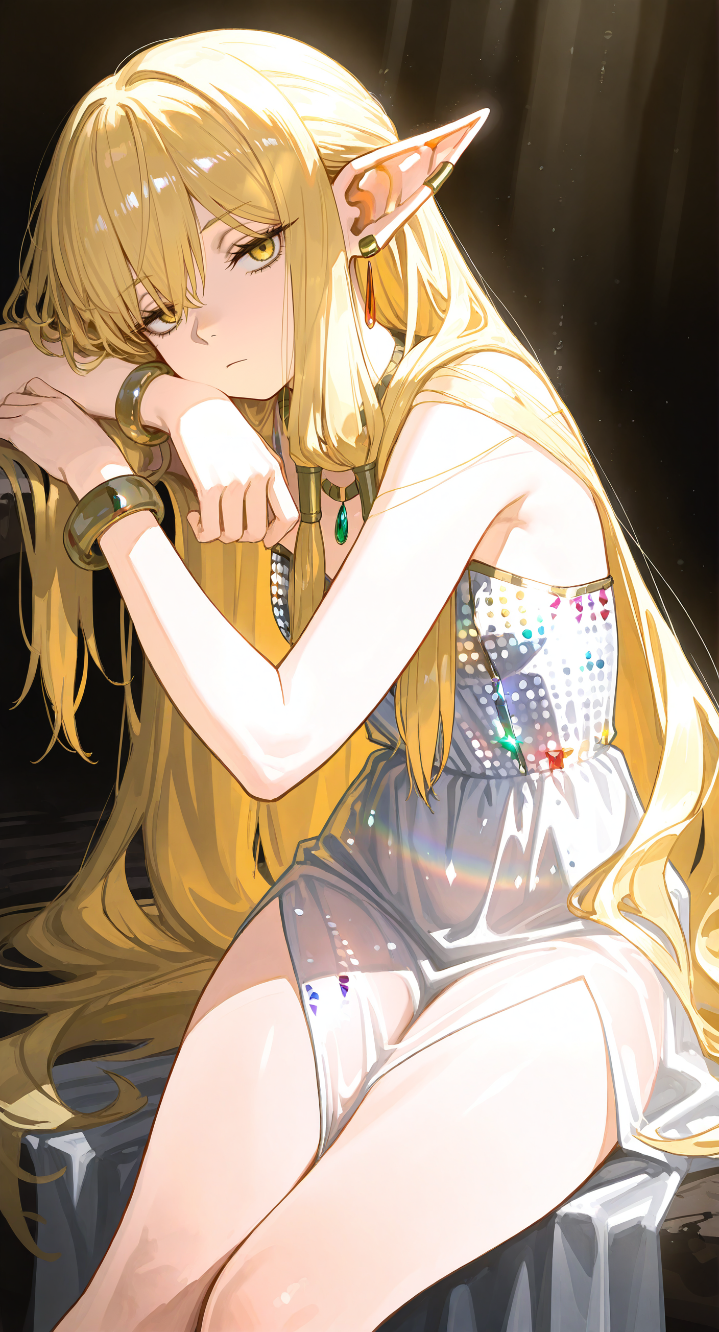 A blonde elf girl with yellow eyes, and pointed ears sitting with her head and hands resting on a shelf, looking melancholic. She is wearing a sleeveless, sheer white sequin dress, a green gemstone pendant around her neck, red gemstone earrings, and metallic bracelets on her wrists. 