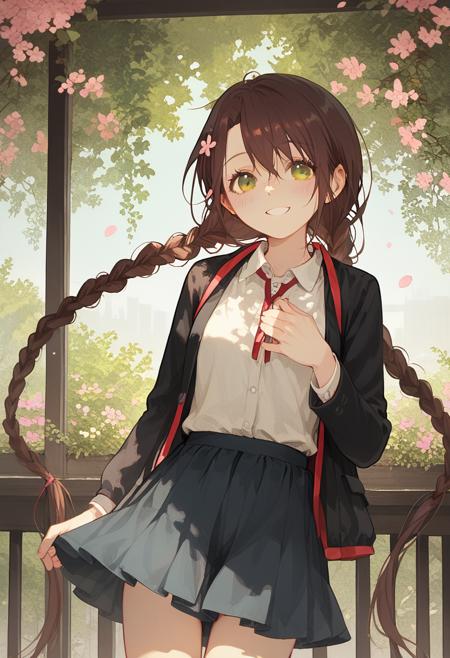 ryuuzaki sakuno, long hair, brown hair, single hair ornament, low twintails, twin braids, very long hair, brown eyes,  make outfits based on the tags that would normally apply to them