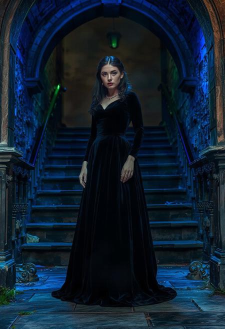 Victorian gothic, portrait, woman, dark velvet gown, stone staircase, arched entryway, blue lighting, green lighting, dust motes, wildflowers, ornate stonework, distressed textures, melancholy, forgotten grandeur, ethereal beauty.