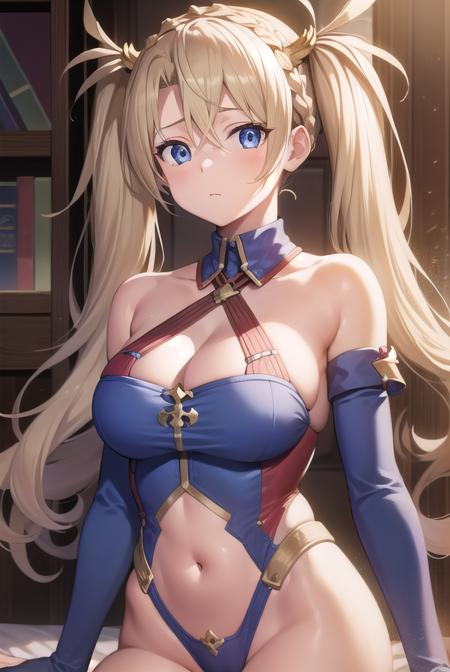 bradamante, blonde hair, blue eyes, braid, french braid, long hair, twintails, two side up, covered navel, elbow gloves, gloves, leotard, thigh strap,