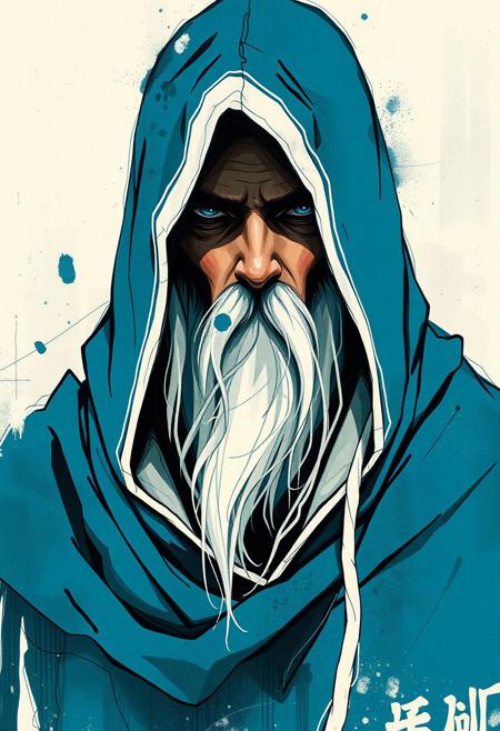 Hooded wizard, blue hood, white trim, rendered with bold, expressive smudges and unfinished strokes, art nouveau