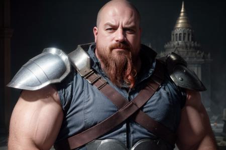 design, interrior, interriordesign Masterpiece, best quality, (highly detailed photo:1. 1), redhead dwarf man, a man with a beard wearing a heavy armor, bodybuilder, (reflexes:1.2), candi buddha building background, (angry and passionate look), blue eyes, (smiling), 8k render in octane, volumetric lighting, volumetric shadows, <lora:more_details:0.6> <lora:ARWCandiBuddha:0.4> <lora:Donia_v1:0.75> <lora:DoubleThickV2:1>