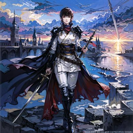 (castle city, gorgeous view)
(full body shot), sfw,  (masterpiece), (best quality:1.0), (ultra highres:1.0), detailed eyes, detailed clothing texture, beautiful face, 1girl, solo, Isabeau posing, holding weapon, sword, rapier
(samurai armor), white pants, brownish red eyes
ff14 mogi yuusuke
<lora:Isabeau_SMT4:0.5> ,  <lora:ff14 mogi yuusuke:0.7>