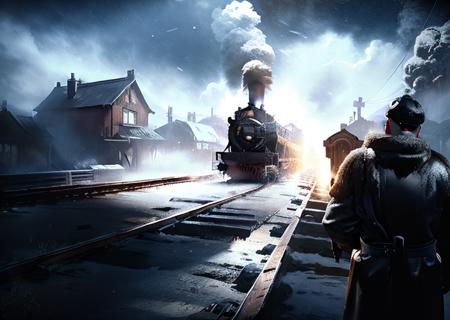 train, steam train, locomotive , winter, cold, fear  <lora:frostpunk:0.8>, frostpunk