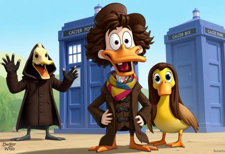 CGI Cartoon, "Duckter Who: Die Duckter Die", The 4th doctor as a duck, a tall thin male cartoon duck with big curly brown hair, lots of big teeth, a big brown coat, a multi-colored scarf, a big brown hat, The Tardis, a tall blue box behind him, Sarah Jane as a duck, a glamours female duck with long straight brown hair stands next to him, they are threatened by The Master as a duck, a shadowy figure with a duck skull for a head with eyes in it wearing a cloak,