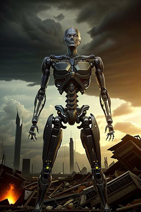 a (BORG giant war robot with transparent panels and iron muscles) BREAK
wearing a (cybernetic endoskeleton) with sharp spikes, combat pose BREAK
rampaging in a (large city rubble), destroyed buildings and explosions  BREAK
in a (storm night with lightnings in the distance) BREAK
CHSNGN, photo realistic, 24mm, dolly zoom, dutch angle, cinematic look, lens flare, sharp focus, intrincate details, volumetric light