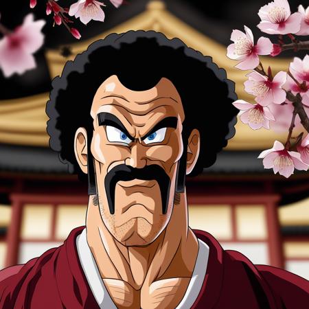 masterpiece,best quality,detailed, professional studio photo,Mr. Satan man, solo, 1boy, male focus,close up,portrait,japanese temple,sakura blossom,soft lighting,<lora:mr_satan-000007:1>