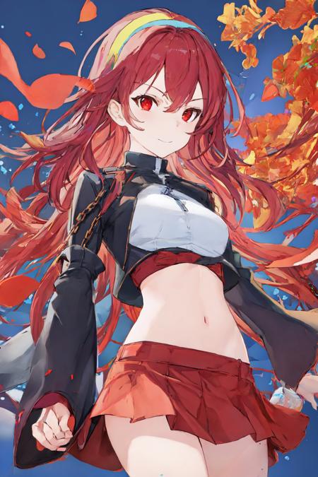 <lora:style_taiki-20:1>, (sketch:0.7), cowboy shot, solo, 1girl, slight smile, looking at viewer, long red hair, hairband, red eyes, red crop top, long sleeves, skirt, simple background, chains, flowers, paint splatter