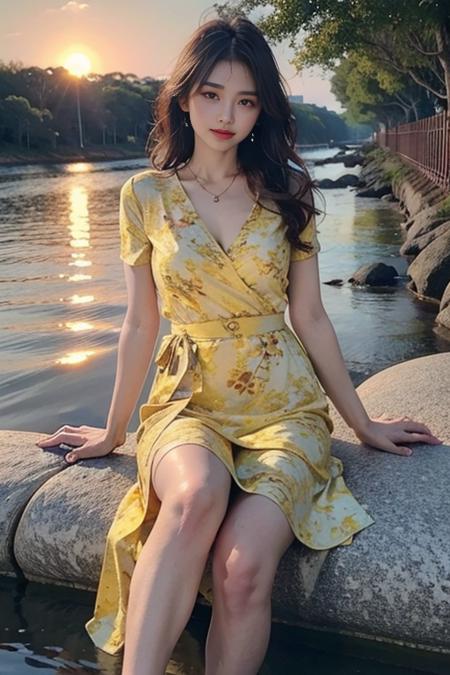 yellow_lure_dress, 8k, cute,(realistic:1.1), (photorealistic:1.1), (masterpiece:1.1), (best quality:1.1), RAW photo, highres, ultra detailed, High detail RAW color photo,professional photograph,masterpiece, best quality,realistic,realskin,1girl,low_key,solo,nighttime,lighting,long hair,large breast,full body,
beautiful detailed eyes,natural lighting(nose blush),beach,sunrise,river,shore,grass,tree,bridge,
(detailed face:1.2),extremely beautiful face,cute, beautiful eyes,<lora:yellowLureDress:0.75> ,  <lora:nwsjmajic:0.75>