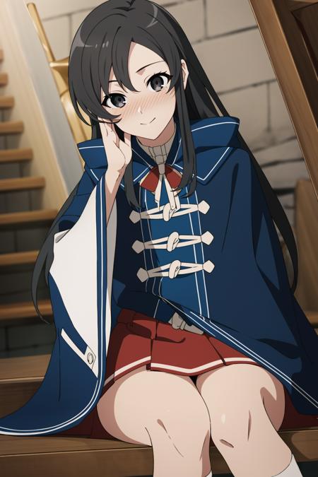 <lora:ä¸æéé¦1V:0.8>,ä¸æéé¦,black eyes,black hair,long hair,bangs,sidelocks,very long hair,nsfw,hand on own face,
pleated skirt,red skirt,blue cape,black belt,long sleeves,striped bow,red bow,bowtie,ribbon,wide sleeves,white panties,Upskirt view,Provocative angle,soft light,sitting on stair,, Exquisite visuals, high-definition,masterpiece,best quality,