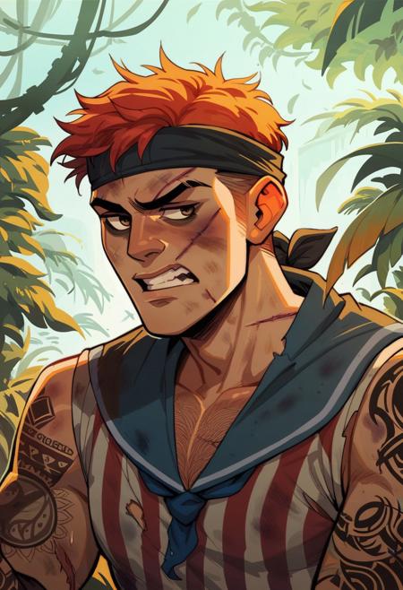 score_9, score_8_up, score_8, score_7_up, score_7, score_6_up, score_6, score_5_up, sailor, bandanna, pale skin, red hair, striped shirt, sleeveless, torn sleeves, tattoos, golden tooth, dirty, bruised, scars, angry expression, vox machine style, 1boy, male focus, solo, close up portrait , fantasy, jungle background, (dynamic lighting:1.1)
((masterpiece))