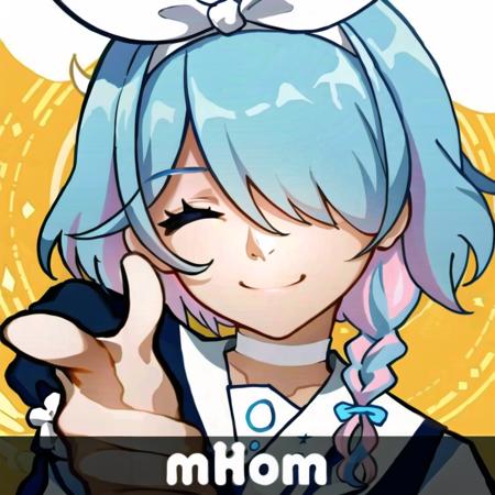 <lora:Honkai 3rd app icon:0.8>, honkai 3rd, looking at viewer, smile, simple background, closed mouth, one eye closed, pointing, yellow background, index finger raised, orange background, pointing at viewer, finger gun, arona, 1girl, white hairband, bow hairband, halo, short hair, single braid, school uniform, blue shirt, white sailor collar, long sleeves, white bowtie, white choker <lora:aronaBlueArchive_v1:0.8>