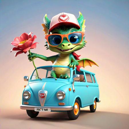 Full body, luxurious sunglasses and hat, excited and happy expression,
A cute and adorable baby dragon wearing a racing suit, riding a luxury van and holding a flower in one hand, a cute, happy, fantastical, stylish and dreamy 2D Disney animation. It's illustration-focused, 3D-focused, and has a professional feel. Soft, modern and cool. Graphics, background is white.
