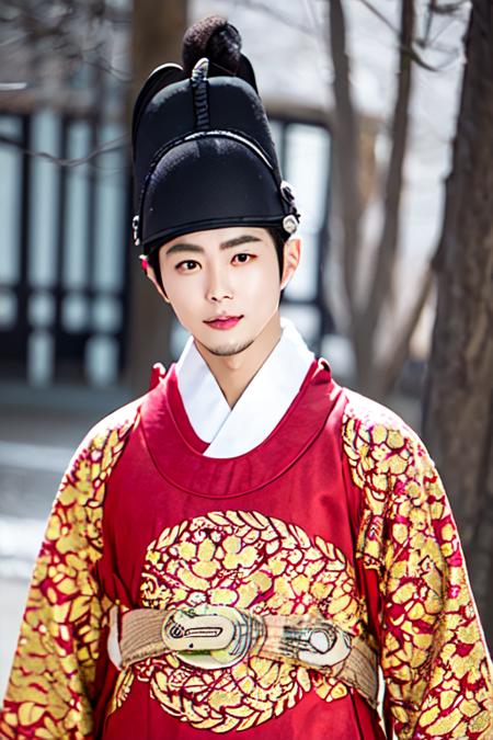 1male, hanbok, hat, faceonly, outdoors,  korean clothes, red clothes, long sleeves, black eyes, in room,
 <lora:hanbok_king_v6-000001:1>