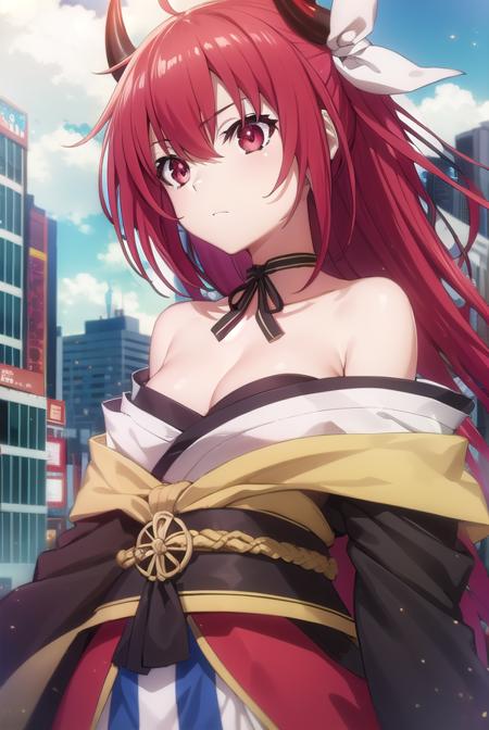 kotoriitsuka, <lora:kotori itsuka s2-lora-nochekaiser:1>,
kotori itsuka astral dress, long hair, (red eyes:1.3), ribbon, cleavage, bare shoulders, red hair, japanese clothes, horns, choker, kimono, fire,
BREAK ,
BREAK outdoors, city, sky, clouds, buildings, sun,
BREAK looking at viewer, (cowboy shot:1.5),
BREAK <lyco:GoodHands-beta2:1>, (masterpiece:1.2), best quality, high resolution, unity 8k wallpaper, (illustration:0.8), (beautiful detailed eyes:1.6), extremely detailed face, perfect lighting, extremely detailed CG, (perfect hands, perfect anatomy),