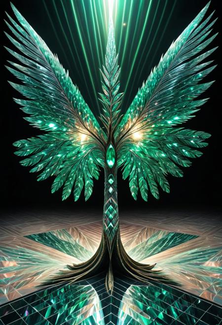 aesthetic, masterpiece, beautiful, elegant, award winning, raw photo, absurdres, hdr, best quality, geometric, dual tree shape, shiny, sparkle, split reflection, emerald gem, crystal, light ray, iridescent radiance, feather wings cover, floor made out of fractangles
symmetrical, Fractangles,