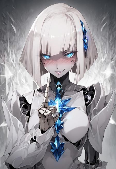 (Masterpiece:1.3), (best quality:1.2), (detailed background:1.1), (intricate details:1.1), (detailed background:1.2), 1girl, solo focus, perfect anatomy, source anime,
BREAK
(score_9, score_8_up, score_7_up), (Masterpiece), (expressive eyes), 1girl, 
Automaton, colored skin, (white_skin:2.0), (joints:2.0), white hair, blue eyes, glowing blue eyes,
<lora:MGE_V5.0:1.2>
BREAK
naughty look, naughty face, naughty, naughty, aroused look, horny, full-face blushing), ((sexy dynamic pose:1.3)), (Pinup pose:2.0)
(whores,heat,aroused,horny,naughty face), 
(aroused:2.0)
BREAK
erotic pose, detail background, intense stare, 
edgy and dramatic fashion photography,volumetric lighting, bloom, harsh lighting, muted colors,
dynamic angle, 
BREAK
NegativeDynamics,scenery,bleakfaith,hand gesture,