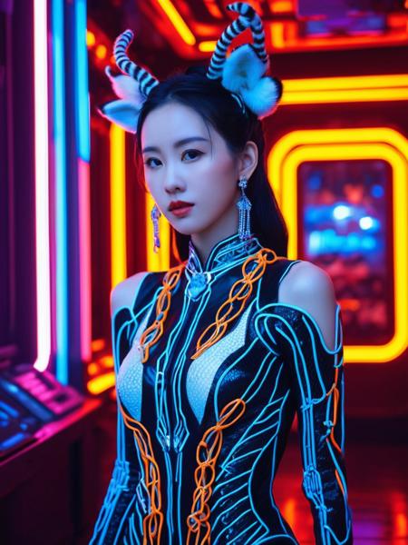 masterpiece,best quality,ultra-detailed,very aesthetic,absurdres,newest, 8k ultra-high resolution,realistic, Skin Textures, High Resolution, stunning beautiful, chenduling woman, jewelry,earrings, wearing animal costume,  in A futuristic place full of cables with lots of neon lights and led lighting<lora:actress_ej_JuggXL_3:0.5>