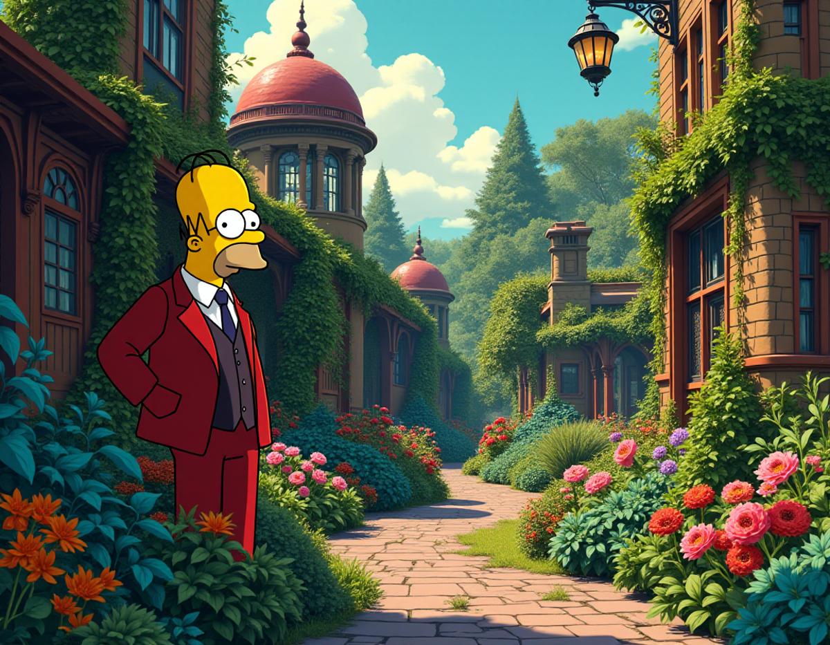 (stylized by Richard Hamilton:1.1) , scene art, "Homer the Vigilante", it is Secret, Clockwork Botanical Garden in background, Dynamic, Amusing, Steelpunk, extremely stylish, dynamic cinematic perfect background, elegant, lush, surreal, imposing, handsome